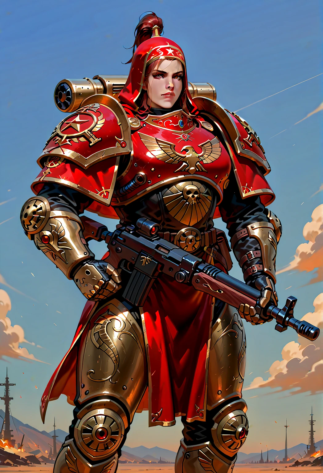 In the warhammer 40k universe, a sister of battle (lovely woman, tight powered armor combat suit, gold and red color scheme, big dangerous gun) scouting a war torn ruined gothic city