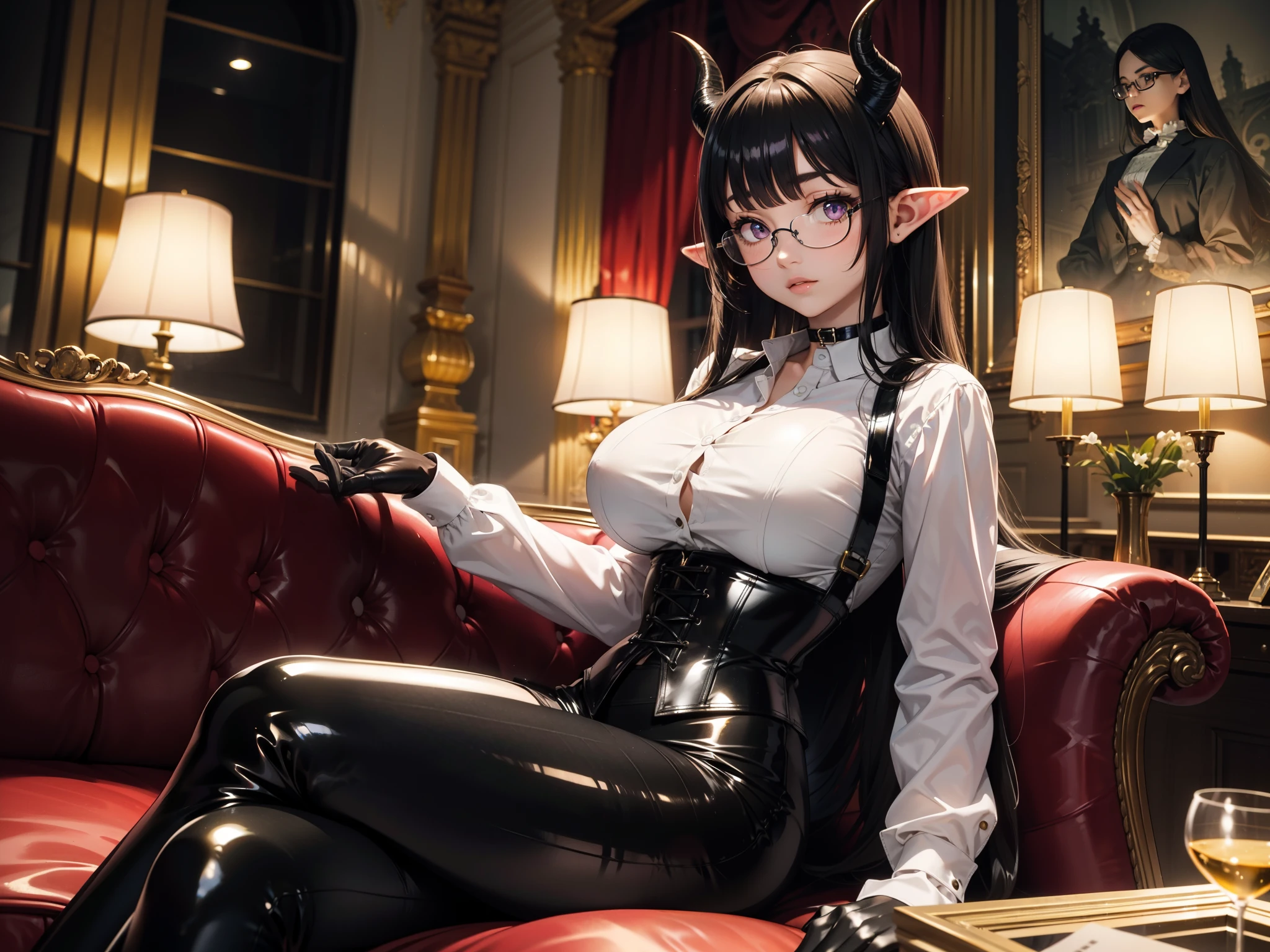 Anime girl with glasses and a phone in her hand, Shitao's anime drawing, pixiv, furry art, (SFV) safe to work, on the counter, seductive anime girl, mysterious girl from the coffee shop, elf, V from Devil May Cry as an elf, top rated on pixiv, portrait of a succubus in a sundress