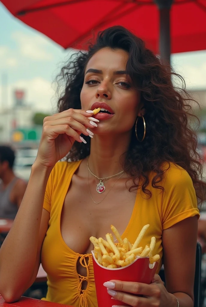 Mexican woman eating tacos, Mexican food stall tortillas and nachos Tight tank top and hot pants highest quality Tequila and Corona beer on the table String Panties