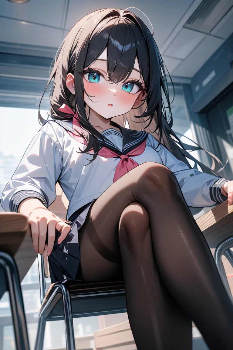 top-quality、exquisite、Schoolgirl in uniform sitting on the ground with her knees upright、Staring at me with a blush、