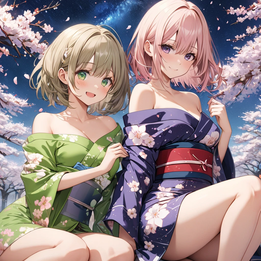 （masterpiece）、(highest quality)、((Super detailed))、(super delicate)、pastel colored hair、beautiful breasts、yukata、Hot spring at night、fantastic starry sky