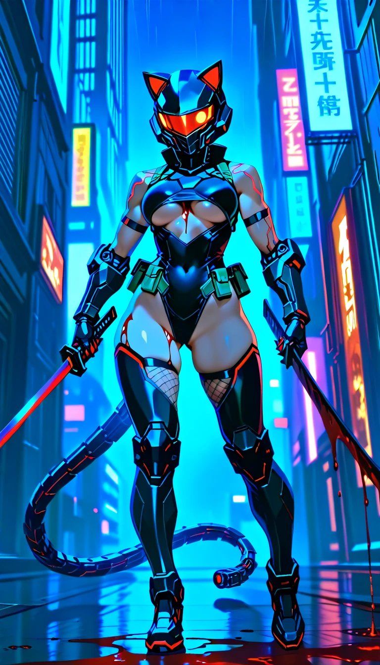 a girl Wearing a power fist on the right hand Holding a cyberpunk sword in his right hand red blue punk head big breasts cyberpunk shirt jacket Standing alone in a corner of the sci-fi city Japanese anime style role conception Front view Side view,, , sexy pose, half naked, sexy pose,detailed eyes, detailed hands, detailed face, drops of water, drops, full body, elf woman