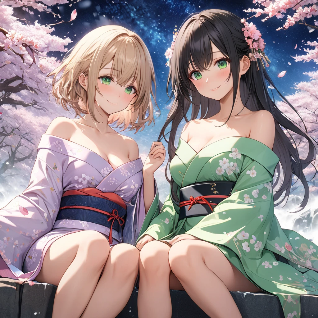 (((Masterpiece: 1,5, Best Quality, high resolution, Super resolution, ultra detailed: 1,2, rich background: 1,4))), (close up), (1 girl), Alone, green eyes, blonde long hair tied with blue Love, hair ornament, blunt bangs, smiling, high school girl, medium chest, ((hand in the air)), japanese clothes, (short blue printed kimono), sandals, Love, heart, ((exterior)), Cherry Blossom, (tori doors), stone staircase, sky (Afternoon), Cherry Blossoms fall, ((dramatic light: 1,3)), cloudy, (fuji scenery behind).NSFW