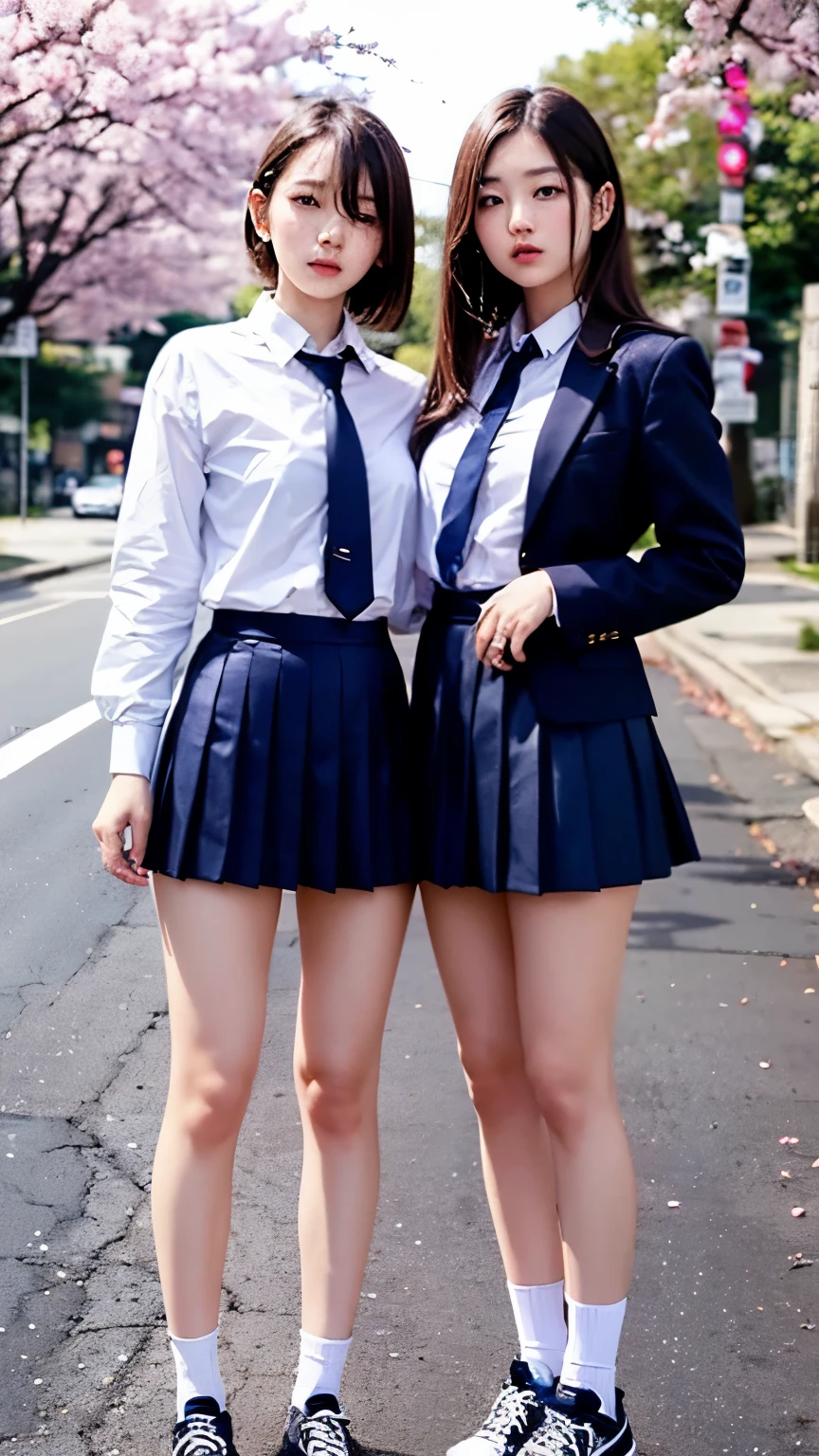 Great quality、8k、flying debris、(RAW Photos:1.4)、High resolution、((Composition away from the subject))、((Full body photo from face to ankles))、((Perfect Anatomy))、Two women standing side by side、、Small stature、、Glowing Skin、Baby Face、double eyelid、eyes with long eyelashes、、smile、Beautiful teeth alignment、Realistic school scenery、middle School girl、Blue and grey school bag on shoulder、Slender and delicate body、、A blazer uniform with green lines、girl 、Check skirt、healthy、young woman、black tights、black tights、Brown loafers、loafers、Full Body Shot、Beautiful Hairstyles、Accentuates very slim legs