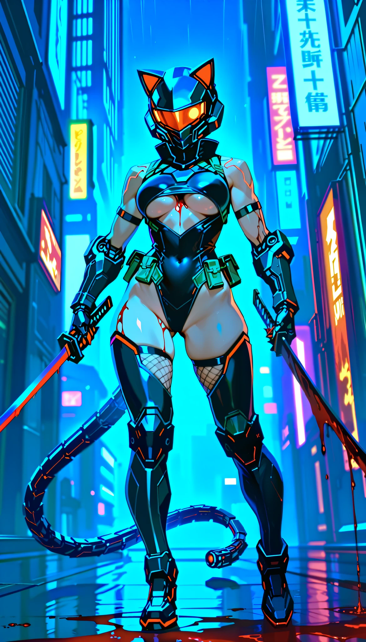 Best quality, masterpiece, (((1girl))), (((solo))), dense cyberpunk city background, dense city street, neon lit street, raining, night time, wet skin, cyberpunk, anime, full-face helmet with cat ears, black helmet, red glowing cat ears, hourglass figure, toned body, athletic, skimpy clothing, (((black leotard))), underboob cutout, (((underboob))), black tactical gear, skimpy tactical gear, (((holding katana))), (((covered in blood))), (((blood splatters))), (((blood everywhere))), (((blood all over body))), (((gore))), (((view from ground))), (((cat eyes visible in helmet))), black thigh highs, red and black tactical gear, glowing neon red katana blade, (((blood dripping from katana))), (((bloodbath))), (((mechanical tail))), ((segmented tail) (((glowing neon red tail))), (((glowing neon red claws))), (((glowing neon red helmet visor))), tactical chest harness, tactical knee pads, tactical elbow pads, tactical gloves, tactical thigh harness, (((tactical utility belt))), (((tactical body harness))), (((cybernetic legs))), (((cybernetic tattoos))), (((dutch angle))), (((hand in claw shape))), (((hips cocked))), shoulders visible, black arm bands on biceps, (((medium breasts))), cybernetic legs, (((mechanical claw feet))), (((walking towards viewer))), (((sexy walk))), waist-high fishnets
