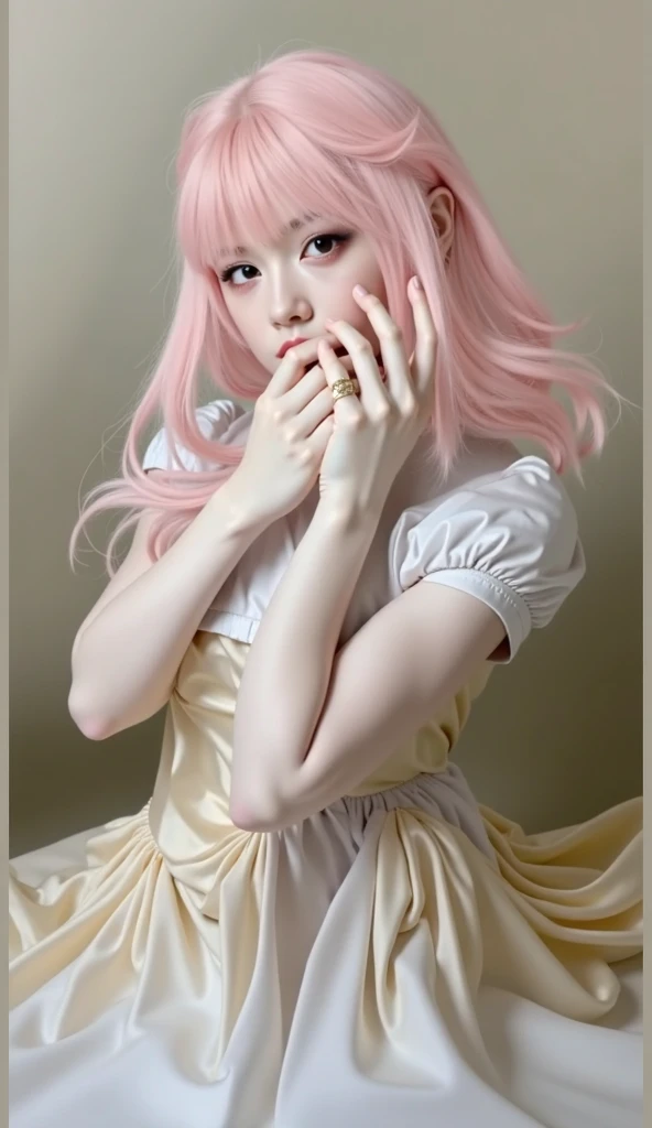 1girll， whaite hair， highr， flatchest，  Delicate white complexion， a white long skirt，Black panty