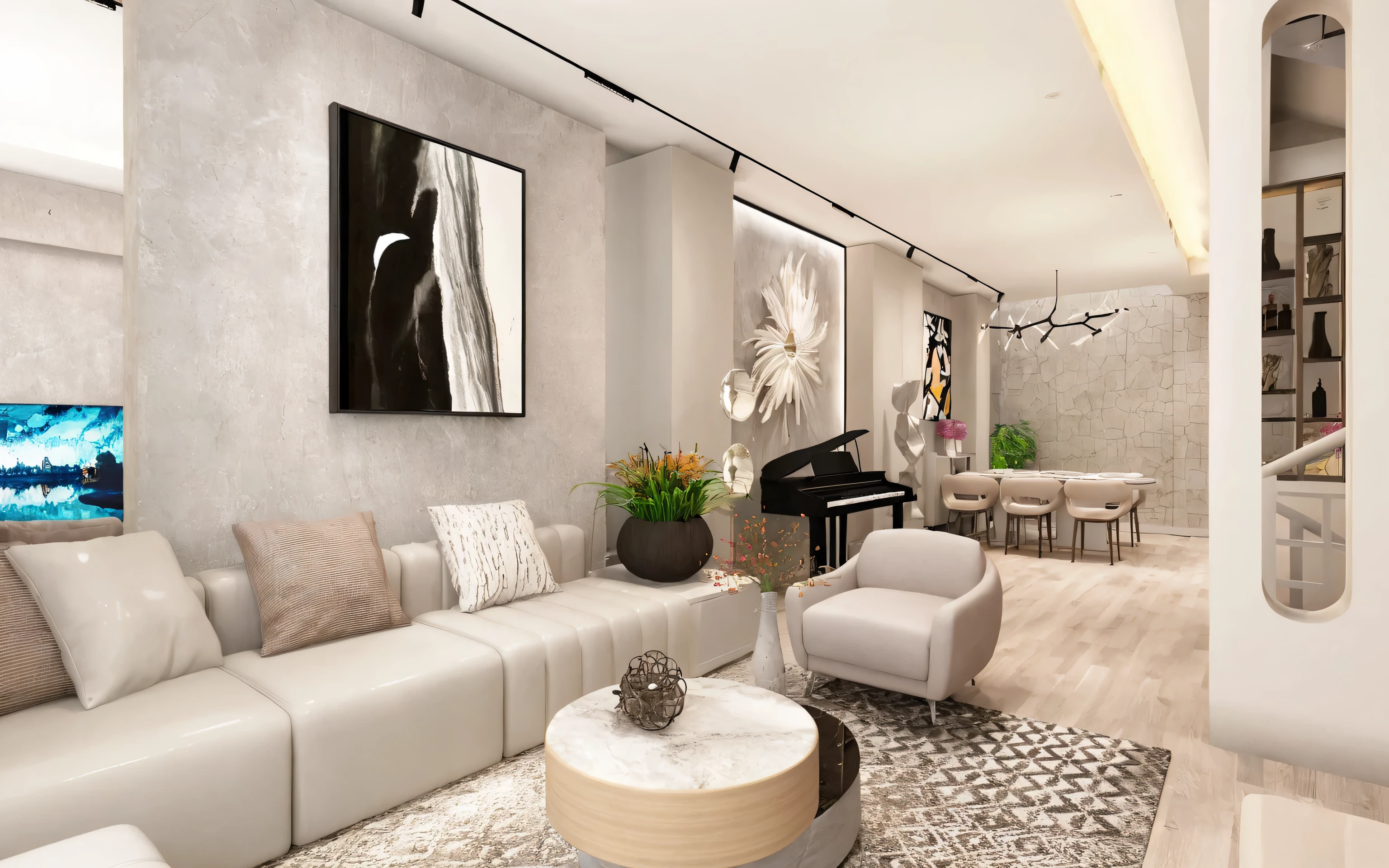 Modern living room interior space, neutral colors, felt sofa, coffee table, carpet,high quality, best quality, authentic, super detail
