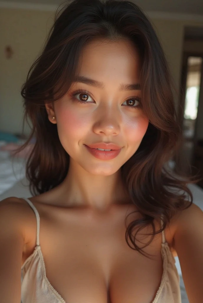 The image shows a young woman, Brazilian Latin, brunette woman in an indoor environment, captured in a selfie style. she has long hair, smooth and dark brown, and is wearing a light pink top with a deep V-neck. The environment appears to be a modern and well-lit place., with ceiling lights visible in the background. The woman has a confident and serene expression, with one hand touching her hair. Her makeup is soft, highlighting your natural eyes and lips. The light in the image is bright and neutral., highlighting the details of your face and hair. ultra high definition, 8k, ultra sharp focus, ultra high quality model, soft lighting, film photography, Analog photography, Hyper-Realism,, ((sharpy face, face detailed, lifelike face, skin natural, realisic skin, skin detailed, pores, detailedeyes, realisticeyes))
