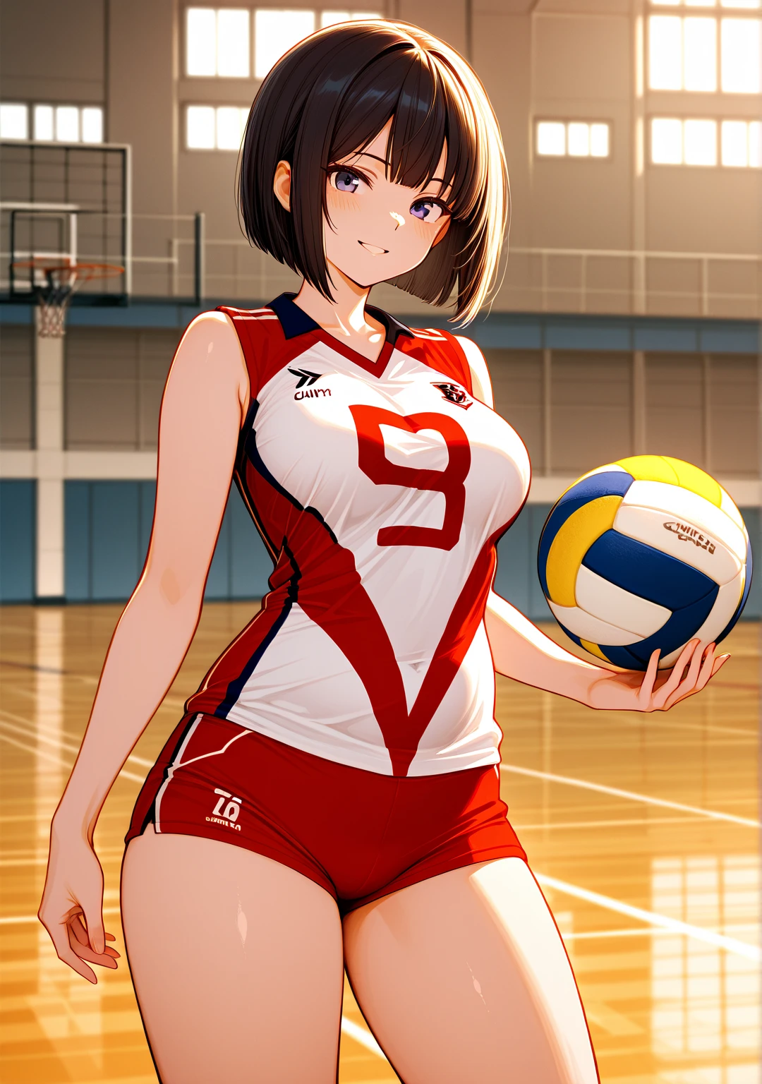 (Highest quality:1.5, High resolution, uhd, 4K, Detailed lighting, Shaders), ((Kugisaki Nobara)) ,solo short hair Brown Hair Brown eyes Cool face ((Volleyball Uniforms))++ Realistic gym Sweat Super oily skin Beautiful Abs Preparing for exercise