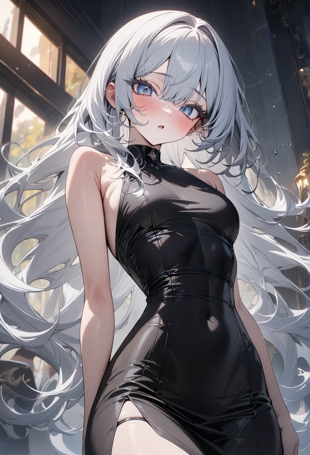 8K UHD, Digital SLR, Soft lighting, High quality, ((best quality)) ((best quality)), ((masterpiece)), (detailed), 4k image, anime style, androgynous facial looks, beautiful anime girl, arrogant and disdainful expression, silver-white hair tied into single short ponytail, chiseled and toned slender body, minimal breasts, small narrow waist protruding to tiny but shapely curves, black opaque simple knee-length sundress covering the whole body, small sandals, forestry and meadow background, human individual, short height(150cm)