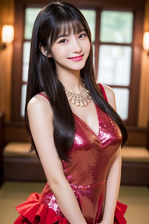Super detailed, High resolution, Realistic, RAW Photos, ((Real person)), Detailed skin, (Delicate black eyes ), Soothing woman with droopy eyes, calm and serene, Mid-length hair, skinny, clothing, The wind is blowing, We say、, photoRealistic, masterpiece, highest quality, High resolution, 4K, 超High resolution, Textured skin,Dress as if you were going to an American nightclub.、Stand at the entrance of a nightclub、Big Breasts、Red dress、nice、Selfie style、An innocent smile、Glitter on chest