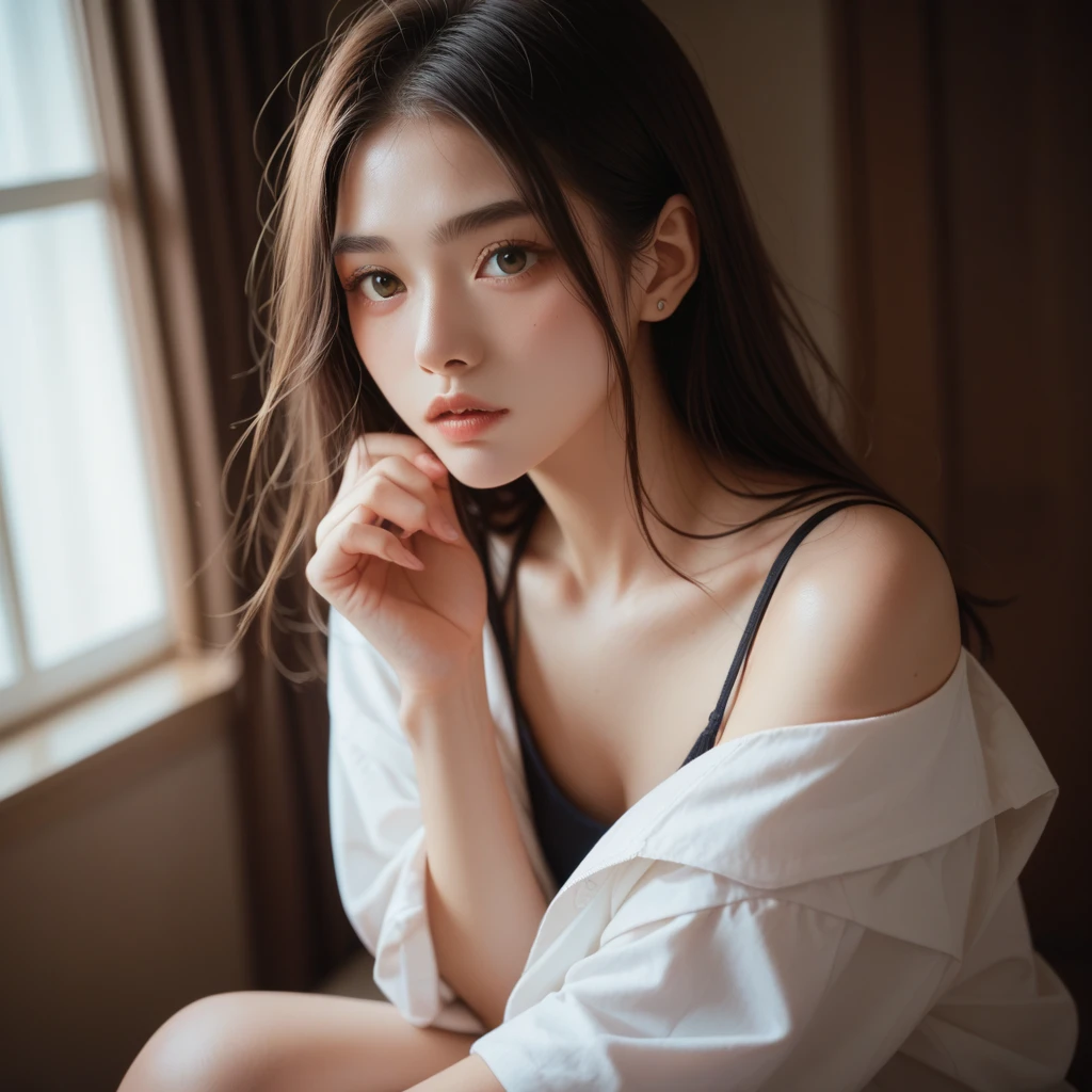 Best quality,masterpiece,Ultra-high resolution,（Realistically：1.5）,RAW photos, Cat ears,cute,In the light,deep shadow,Low profile,Cold Light,sexy look,Long hair,((best quality: 1.5)) ((masterpiece: 0.8)), Intricate details, Clear focus, professional, real life, Real facial expression, Dynamic poses, ((([Medium breasts:0.8])))),