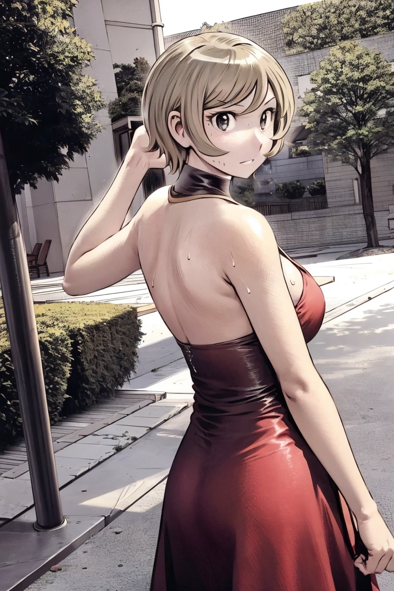 、(masterpiece、Highest quality)、Highest quality, Ultra-high resolution, (((masterpiece))), alone, Sweat、Big eyes, Please show me your armpits, No sleeve、Outdoor、Floral dress、Composition from the front、(Cut the back hair short、short hair、blonde、woman)、Shortcuts、Embarrassed face、Cut your hair short、可愛いwomanの子、Big Breasts