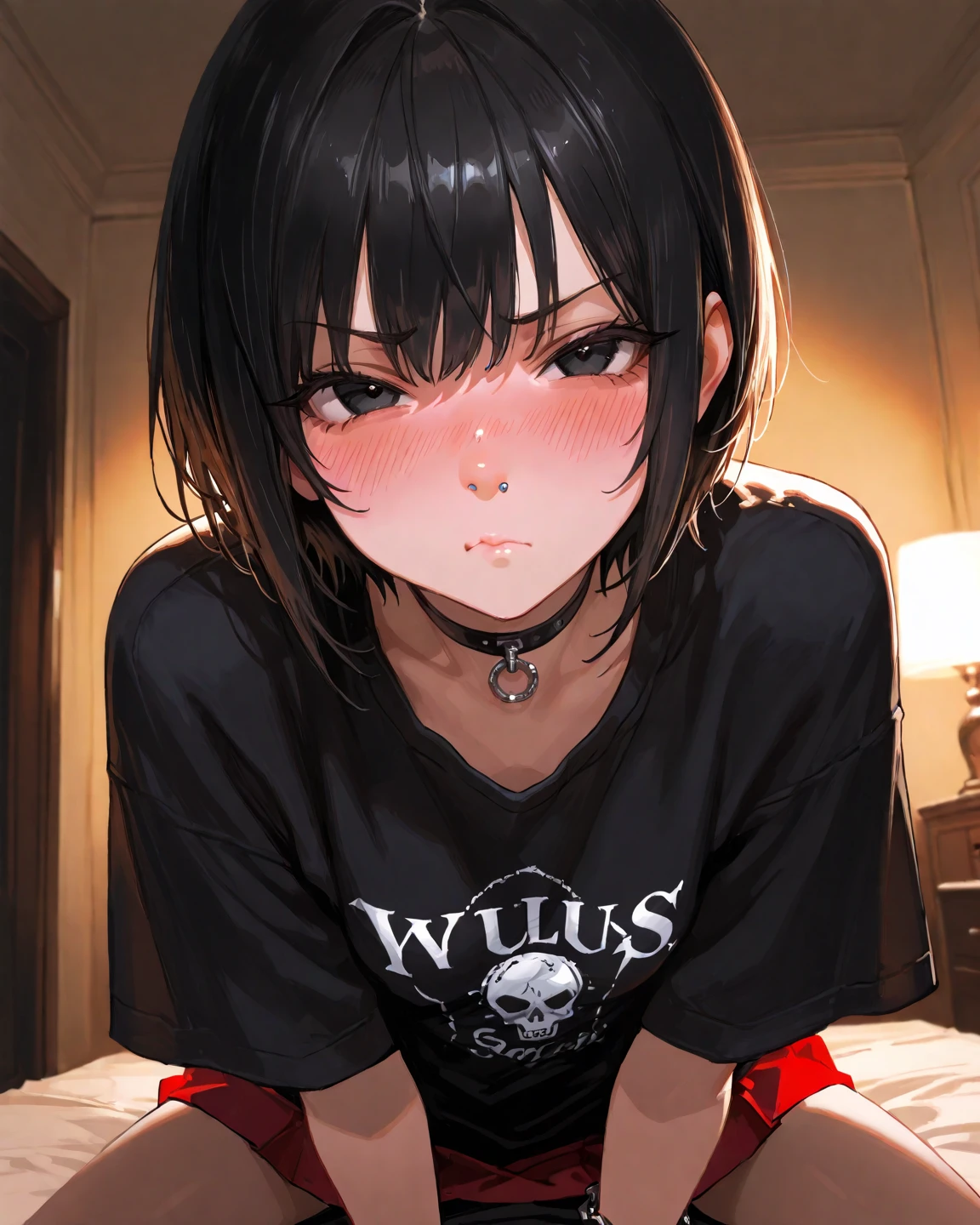 (masterpiece:1.2)、Highest quality、PIXIV、Rebellious girl、One girl、Open your mouth、鋭いteeth、teeth、Long Hair、Street background、gem、badge、ボタンbadge、Food、Bright red eyes、Earrings、Jacket、eyelash、Foodを下にして、Upper Body、Characters in clothes、zipper、collar、cable、chain、Stickers、hoodie、smile、Focus on the viewer、Chest in the center、Shoulder Bare、Belly button、Black and white hair color,leaning forward,Cyberpunk city,Night view,Black and white grey outfit,Overflowing drool、saliva、White Breath、Sigh