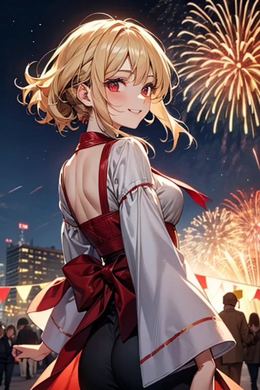 (((masterpiece))), (1girl:1.5), hyper detailed, highres, ((best quality)), (extremely delicate and beautiful), {8k cg wallpaper}, illustration, (blush), (braided ponytail | ponytail | hairbun), (extremely detailed background:1.6), (very long black hair|blonde hair), detailed face, night, festival, (kimono:0.7), outdoors, lantern, (fireworks:1.4), paper lantern, snow, wind, snowflakes, hair ornament, open eyes (blind really white eyes), (from behind:1.3), sitting, river, riverbank, starry sky, (holding hands:0.6), leaning on person, pointing, on heaven
