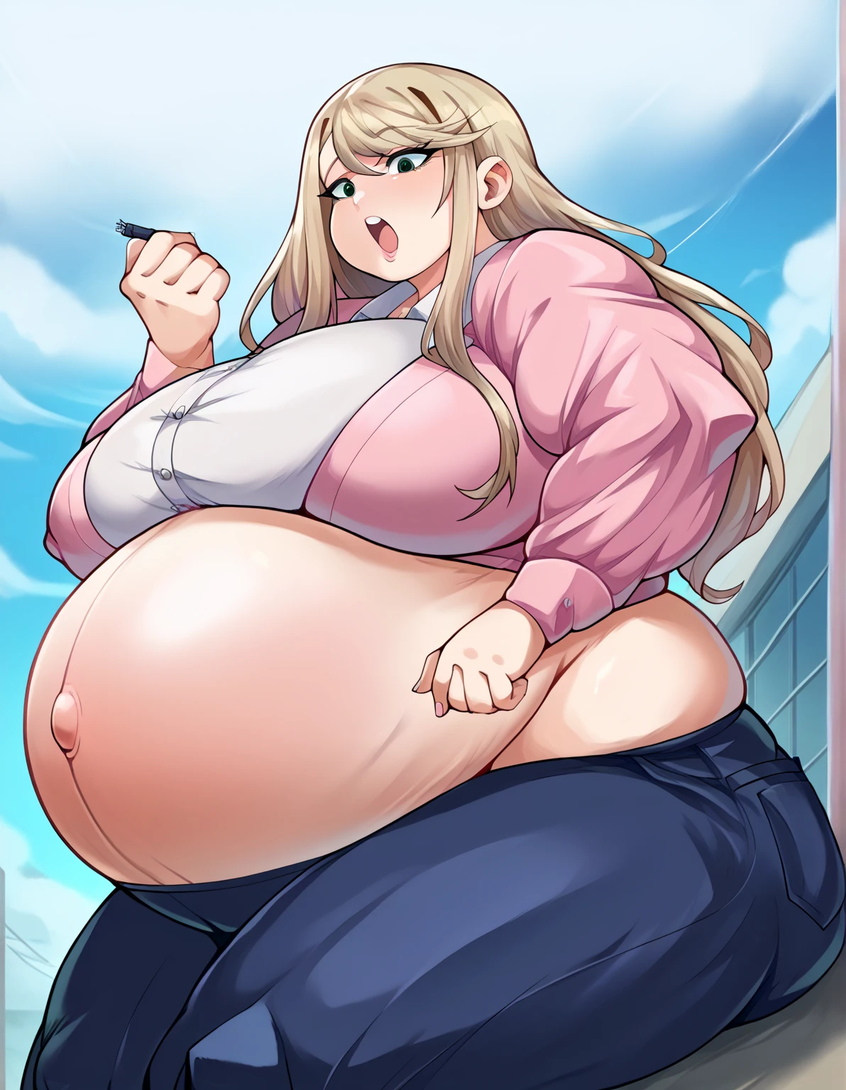 (masterpiece, best quality, highly detailed), 1girls, big belly, blurry background, huge belly, art by kipteitei, round belly, chubby, curvy, simple_background, gradient_background, belly bursting out of shirt, belly grab, enormous belly, fat belly, thicc, bigger belly, really big belly, jiggly belly, shirt covering belly, belly cover by shirt, glasses, ((maternity clothes)), thight shorts, barefoot, (mommy), sassy face, ((full body)), long hair, Flandre scarlet