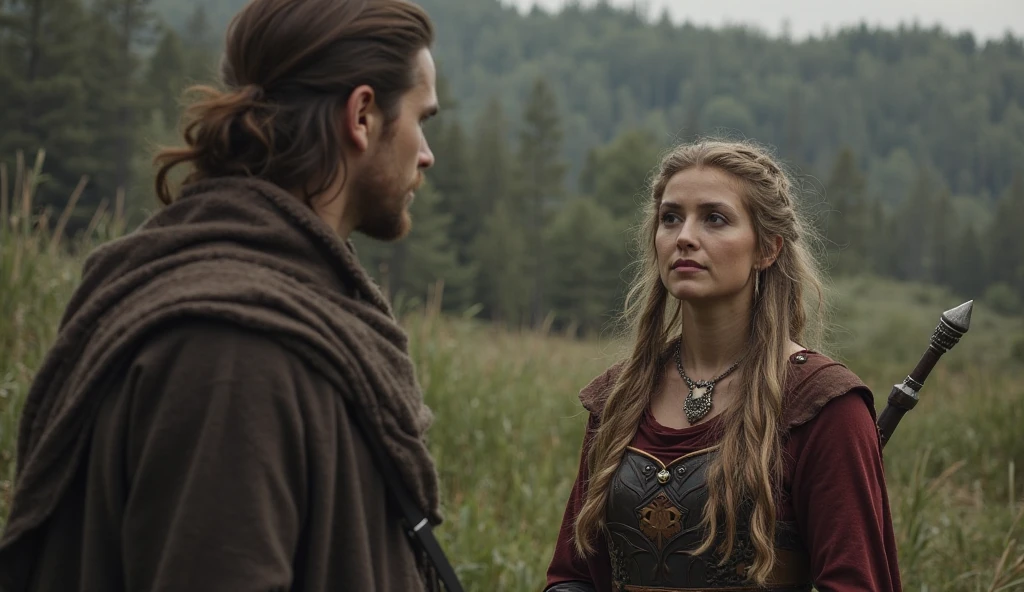 (couple man and woman) woman long natred hair voluptuous shield maiden brown eyes green dress , Man Tall brown hair blue eyes Viking warrior