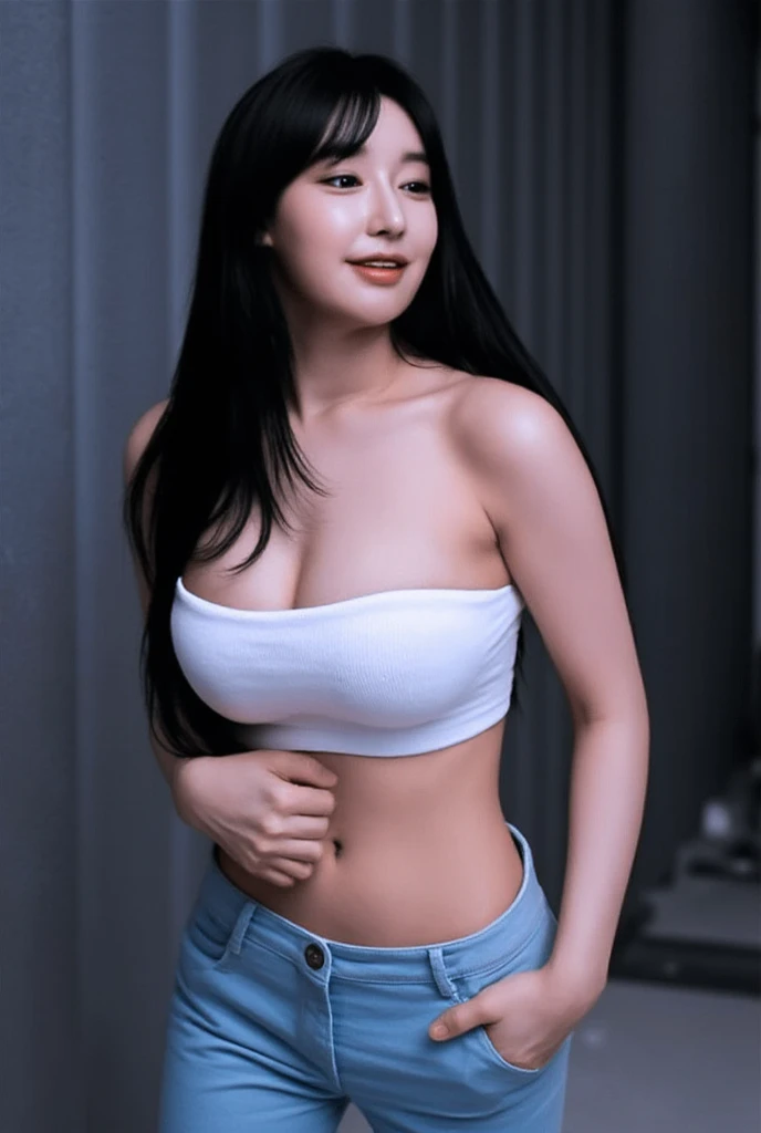 "Create an image of a beautiful American woman in her 20s or 30s. She has long, flowing hair and is wearing a round-girl cosutume. hot pants and bikini. The jacket is open at the chest.Her body is glamorous with large breasts and a big butt. She has a smiling.The whole body is shown.
