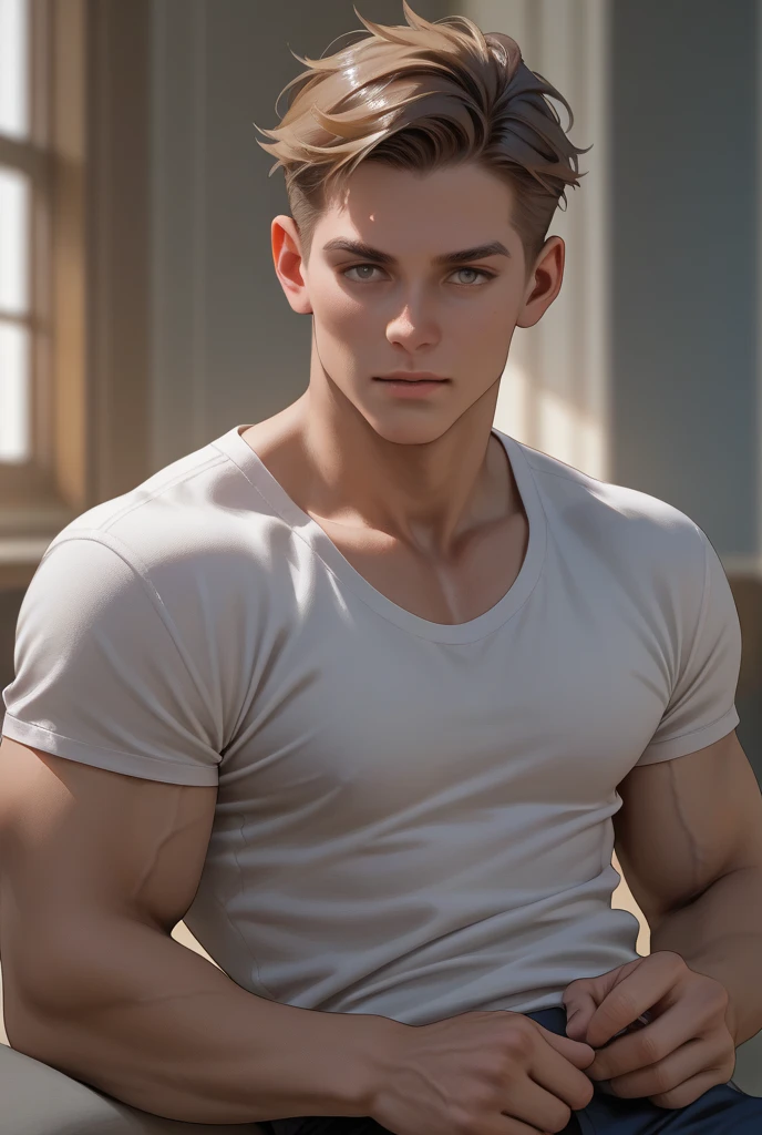A 20-year-old boy with white skin, blue eyes, defined body, strong and defined pectorals, big legs, very beautiful and well-formed body, very fine features, very sexy nipples.