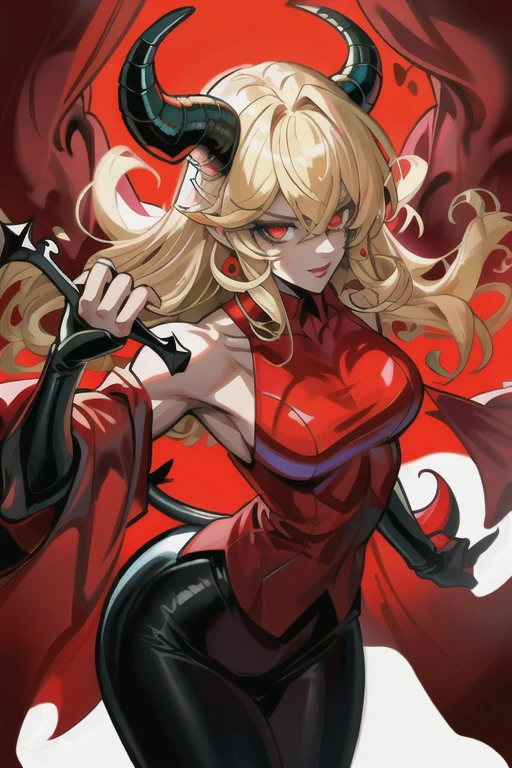 Best Quality, Masterpiece, ultra high resolution, (realist: 1.4),character with good anatomy perfect anatomy perfect anatomy girl with a red power scythe in niji journey style half body with some perspective girl with pink hair and two red horns on her head in a dynamic and powerful pose in motion saturated warm colors Bold contrast and dramatics, with a focus on intense lights and shadows. Fluidity and movement, with a fresh and contemporary style. childish tones: Dynamic and detailed composition, with emphasis on action and movement.  4 demon arms
