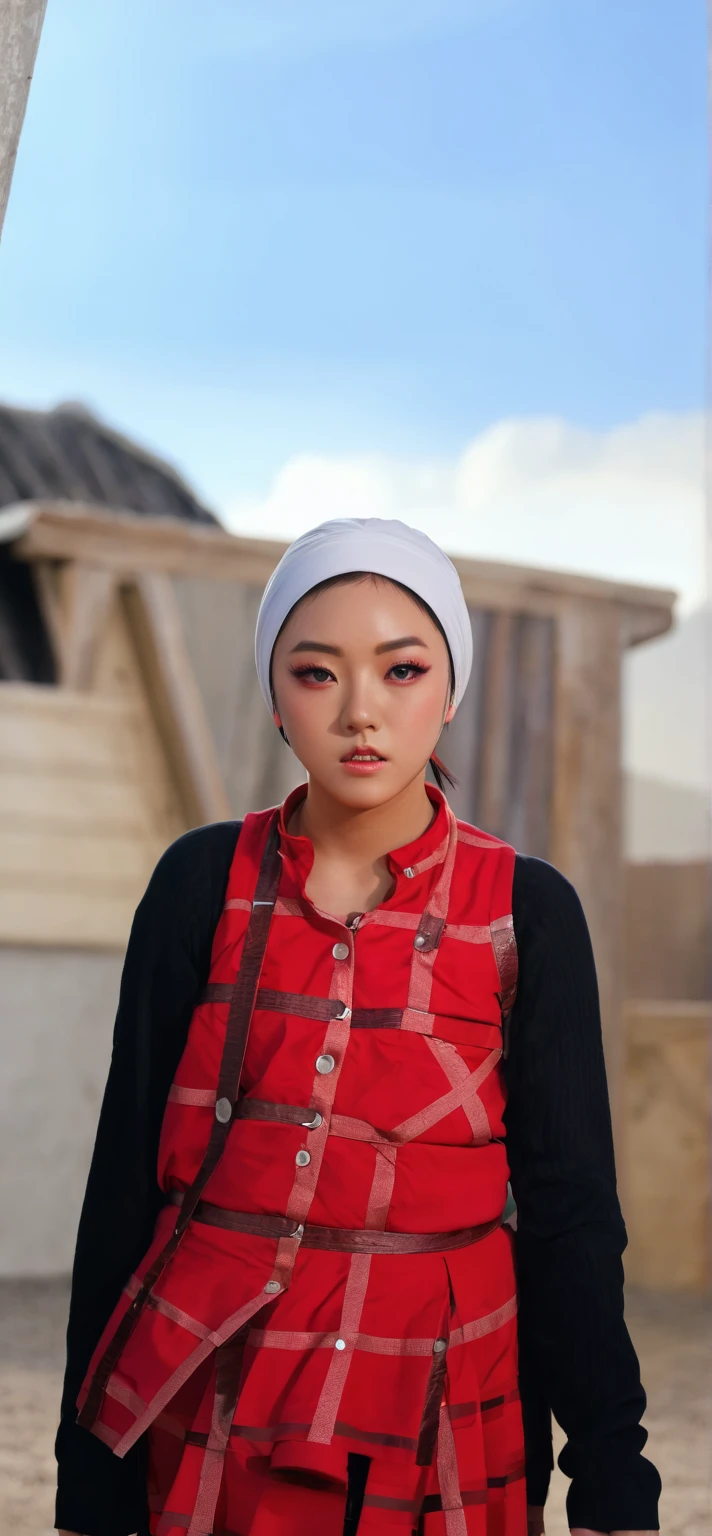 (WEARING SUSPENDER), ((Open mouth)), Naked singlet (((HIJAB MALAY GIRL))), masutepiece, High quality, UHD 32K, Realistic face, Realistic skin feeling , A Japanese Lady, 8 years old, , Very cute and baby-like face, (((FLAT CHEST))), (MATRIX WORLD), ((look In front  at the camera and SADNESS)), ((())), (((CUTE GIRL))), ((RAINBOW LIPS)), ((Wearing Lingerie Suspender)), ((CHUBBY)), (undress, work in a welding workshop, safety first, very fierce facial expression ,(red jeans), Squatting boots