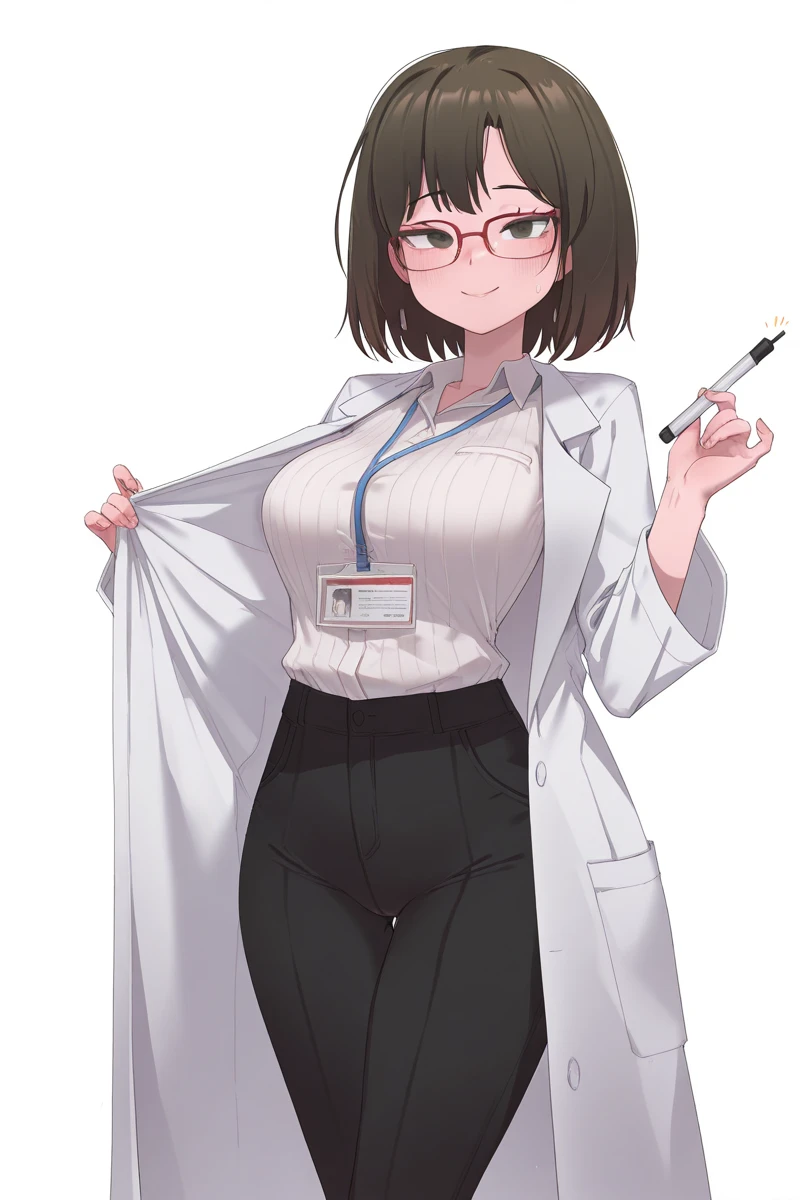 tomboy, solo, (very short hair, pixie cut, brown hair), circle-glasses, cute girl, perfect female body, big breasts, cleavage, toned stomach, beautiful limbs, doctor_uniform, labcoat, stethoscope, doctor,scrub top,scrub trousers, She is posing as a model with her hands on her hips, hospital, night, big smile, UHD, masterpiece, anatomically correct, textured skin, high details, high quality,