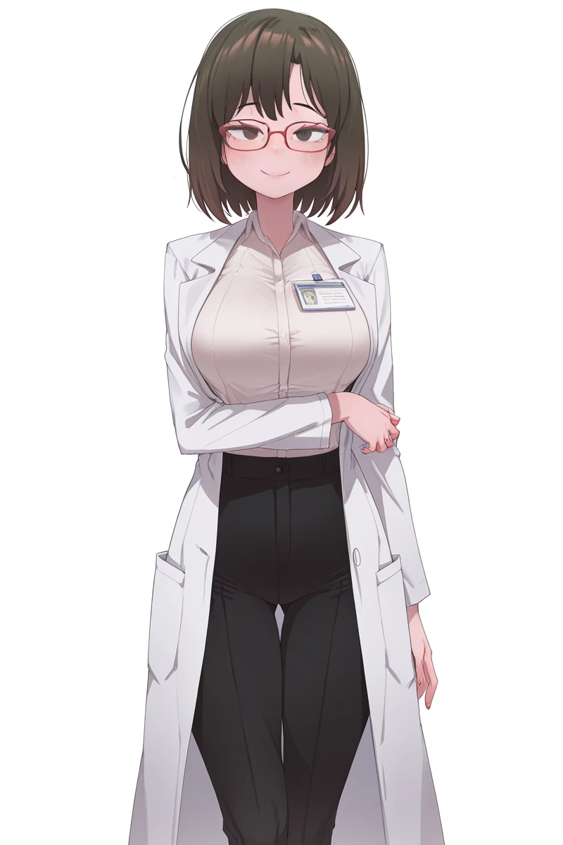 Image of a woman wearing a lab coat and pants, Bring your thighs together, 暴露of clothes, ((wearing aristocrat robe)), sunken knees, professor'of clothes, Put on a lab coat和衬衫, Close-up of the bottom of the fuselage, offcial dress\'decelerate, black-white skintight robes!, Put on a lab coat, full body close-up shot, wears a long robe,Aiko Katsuragi