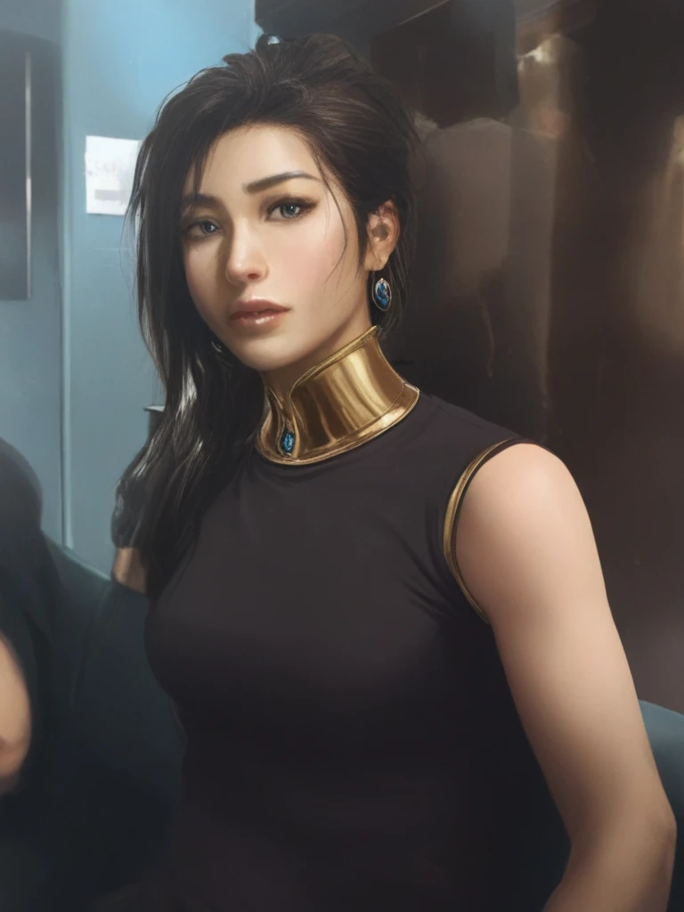 masterpiece, best quality, ultra detailed, anime style, 1girl, young, cute, (tanned skin), egyptian girl, egyptian outfit, medium long hair, black hair, green eyes, medium large breasts, egyptian tomb, indoor, large room, illustrated walls, warm colors, beautiful face, happy