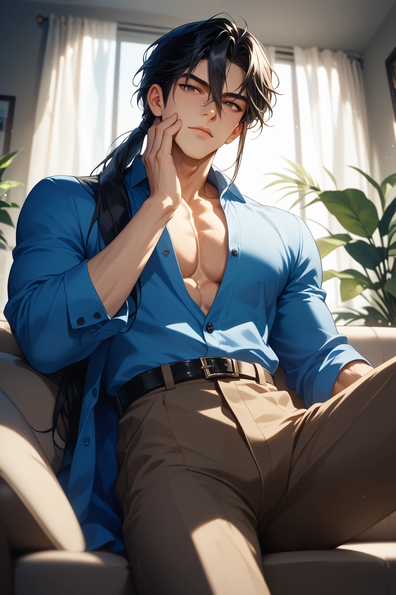 ((8K, masterpiece, high quality)), anime character, 1 man, young man, ((medium hair)), black hair, bangs between the eyes, Light blue eyes, pale skin, glasses, soft and passionate expression, sweet smile, very flushed cheeks, without shirts, naked chest, photo shoot, portrait, living room scenario, sitting on the sofa, perfect shadow and light, natural, very perfect, very detailed ((Make him look extremely in love, extremely flushed))