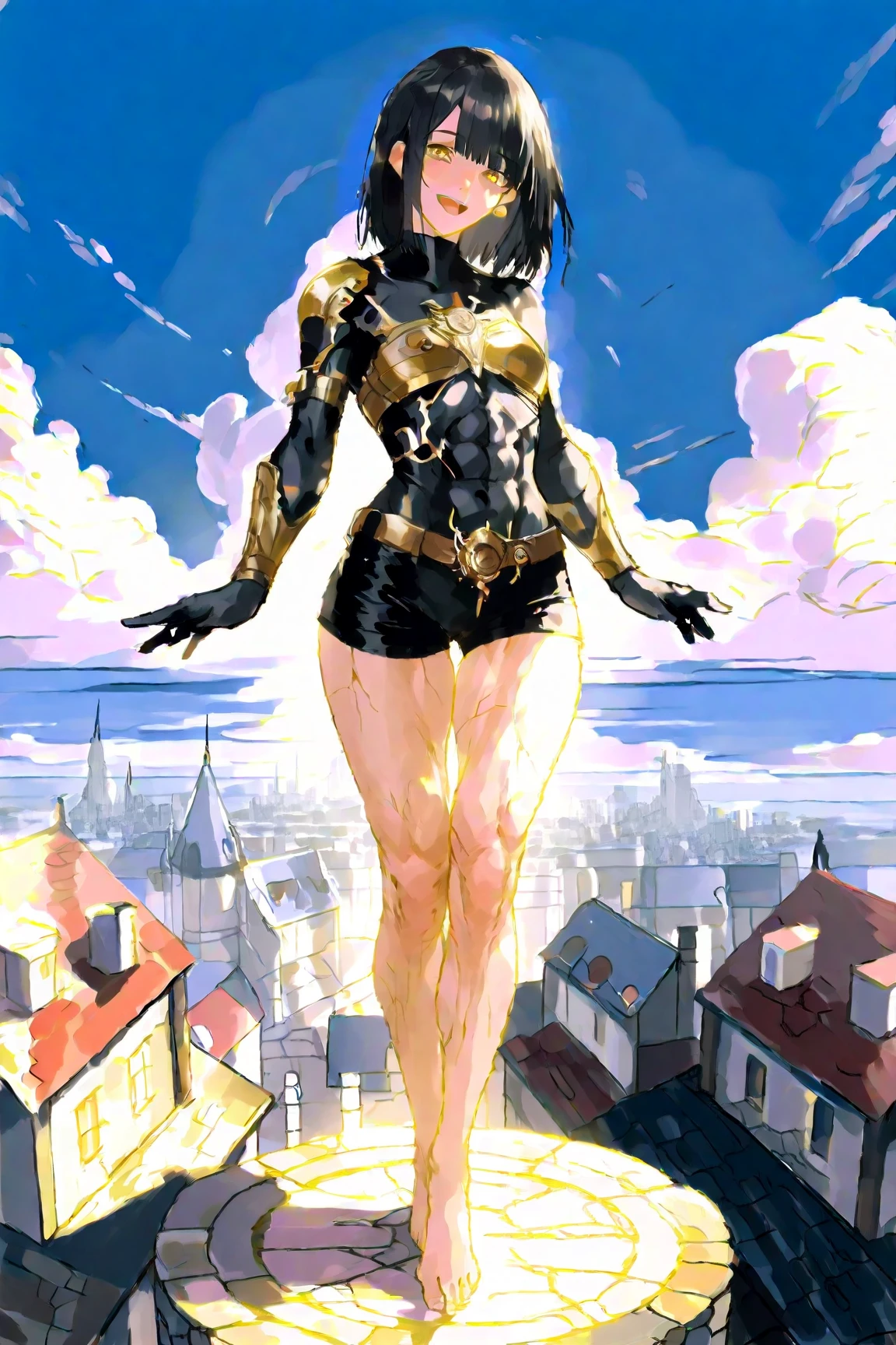 Giantの芸術, 非常に詳細なGiantショット, Giant, short hair, black pantyhose, A giant princess much bigger than a skyscraper, wearing rimless glasses, big breasts, big ass, White luxury dress, white pantyhose, white high heels, very small metropolis, miniature metropolis, full body description, GTS, ギガGiant, Stomping City, crash city, Small town, micro city, shine,