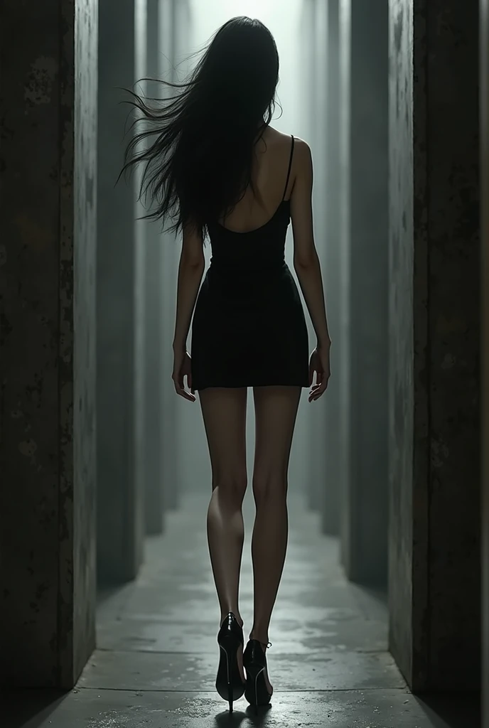 an arrested adult girl with her hands in handcuffs, dressed in a long, tight dress with a cutout and stiletto heels, anime