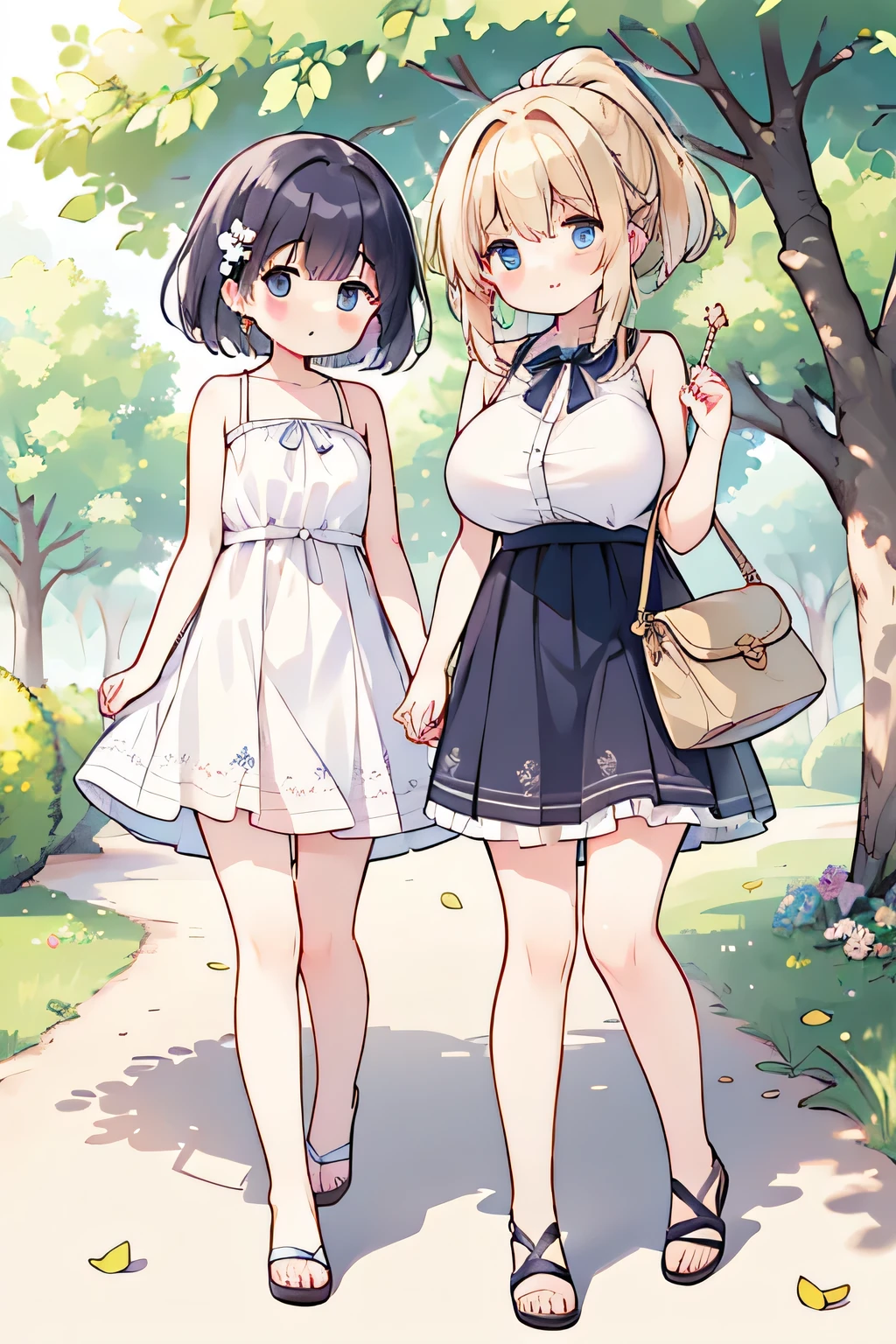 Top Quality、high resolution、(high image quality:1.3)、masterpiece、detailed background、(very detailed face:1.3)、(detailed eyes:1.3)、age beauty、(huge breasts:1.3)、(Normal number of fingers:1.3)、anatomically correct、perfect body line、Bright-colored hair、ponytail、Braided bob cut、 Early summer afternoon 、In strong sunlight 、
(Two girls who were walking along the park path take a break in the shade under a big tree:1.5)、
My sweaty skin is wrapped in cool air、the wind blows softly Gently hair up to the shoulders Shaking、with the scent of leaves and a slight smell of earth drifts、fluffy dress with a small flower pattern on a white background、The hem of the skirt swings in the wind、Simple strappy sandals、put a small basket bag on the knee、with your fingertips、sunlight filtering down gently on your cheeks and arms、A gentle expression that makes you feel the beginning of summer comes to their eyes looking somewhere far away、I slowly stand up and walk lightly when I'm a little sweaty、the hem of the dress swings in the breeze、A refreshing scene that makes you feel the arrival of summer、cute