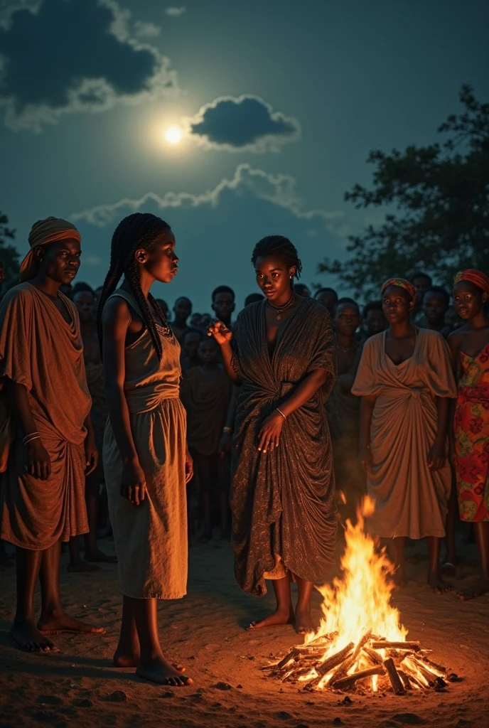 A nighttime scene with old African woman sitting around a bonfire, in front of a village hut, telling story to a beautiful young woman who is dressed like an african queen .