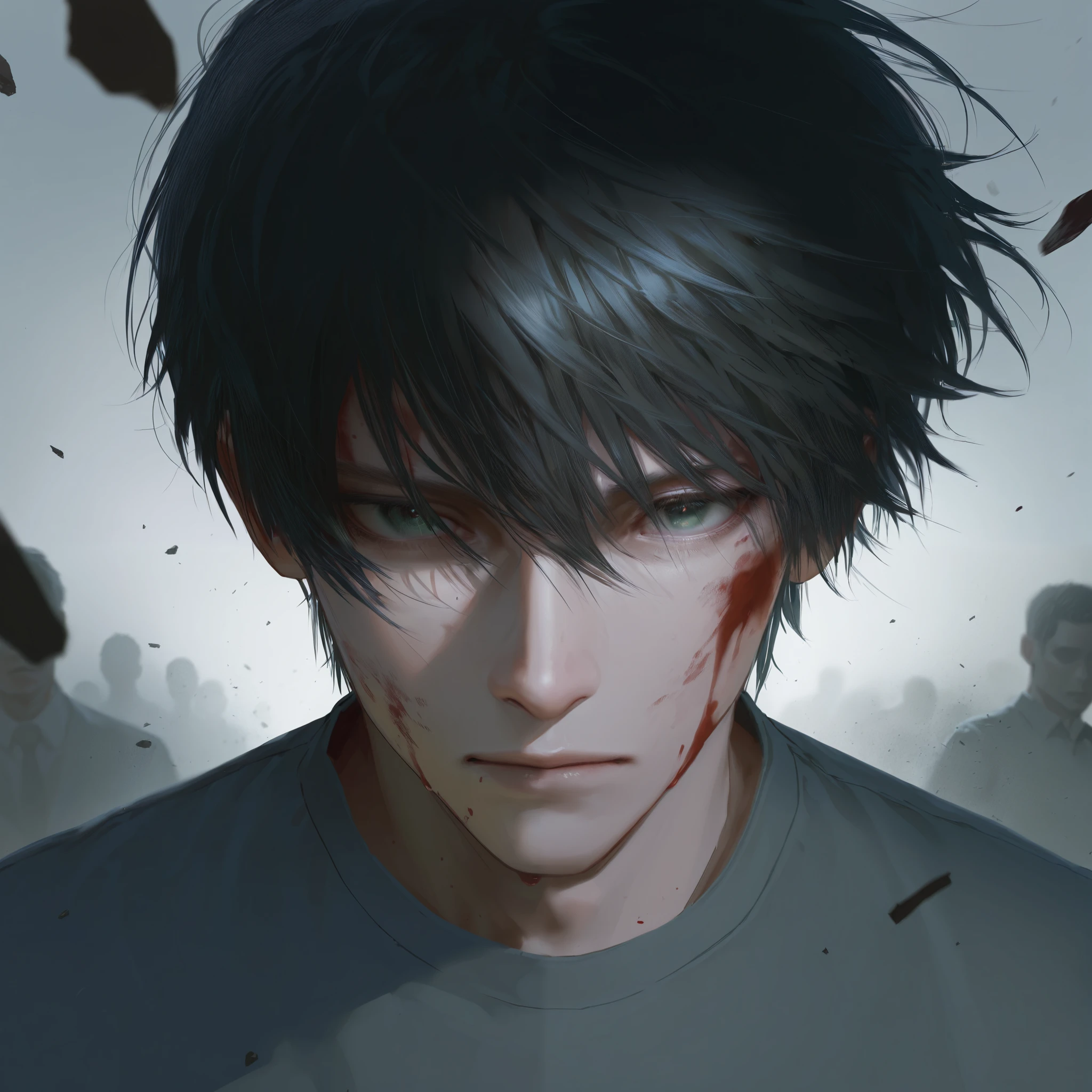 ultra detailed, 8k, ultra realistic, masterpiece, cinematic lighting, 1boy, 17y, standing, portrait, front view, gray clothes, messy spiky black hair, green eyes, thin body, preparing to punch, blood on face, look of hate, surrounded by debris, dynamic angle