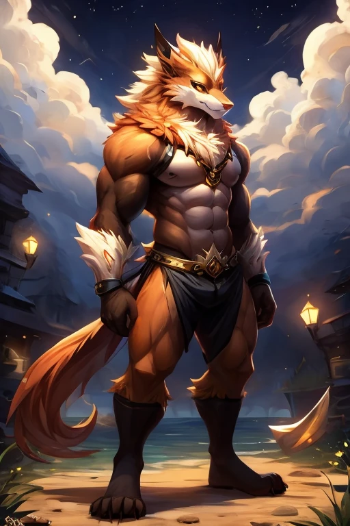 ultra-detailed, masterpiece, masterwork, high quality, best quality, hdr, (nature, night), posted on e621, (by darkgem), nsfw, male, solo, (white little body minotaur), dragon, (long  golden hair, yellow eyes, white body, roar), stylish pose, dynamic angle, (bulge loincloth, pubic hair)