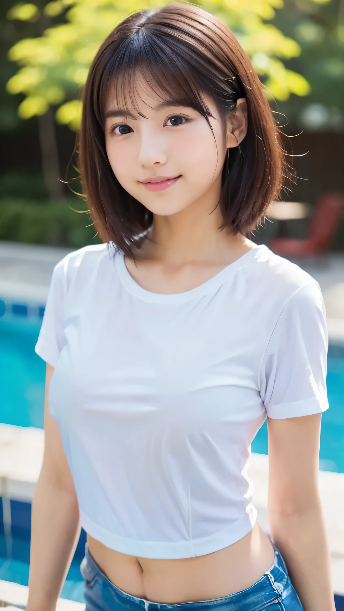 Highest quality, masterpiece, Ultra-high resolution, (Realistic:1.4), Voluptuous,Beautiful woman,(Shortcuts) (Outdoor pool area)Beautiful Skin, Fine skin, 魅惑的なsmile, Bokeh, smile, Shortcutsヘア, White Skinny T-Shirt,denim