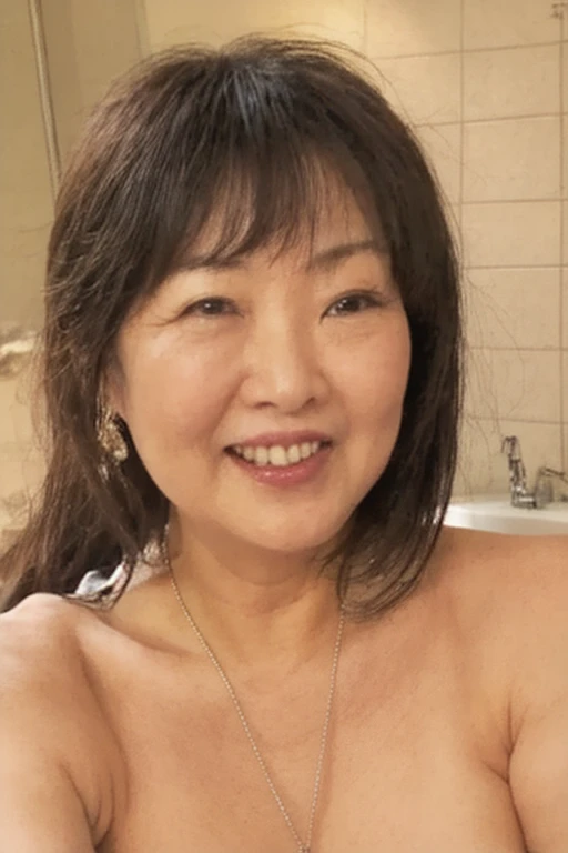 full body shot, chubby body, potbelly, full naked, small breast, saggy breast, full nude, pubic hair is black, ((Best Quality, 8k, Masterpiece, Portrait: 1.3)), Photorealistic, Sharp Focus, High Quality, Hdtv, Solo, Japan Persons, Middle Aged Woman, Beauty, 30 years old, Wavy hair, Wrinkles at the corners of the eyes, standing, in front of beautiful lake