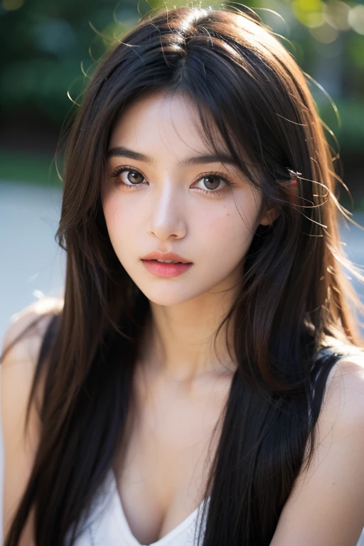 (masterpiece, Highest quality, Super detailed, masterpiece, super high quality、Crystal Clear、RAW UHD Format)、High resolution glowing eyes、Highest quality, Realistic skin texture, photograph shoot, Detailed facial features, Film Grain and High Contrast, Extremely high resolution detail, photograph, Realistic,  Bokeh, Natural light, Looking into the camera, Accurate, Anatomically correct, Side lighting, (300mm lens, f/1.4), (a Japanese woman, 18 years old), (plump lips:1.8, plump chin:1.8, plump cheeks:1.6, cute nose:1.5), mid long hair, whirling hair with wind,(Pink bikini),, close-up, beach , clear water like Hawaiian sea, add flavor of tropical island life
