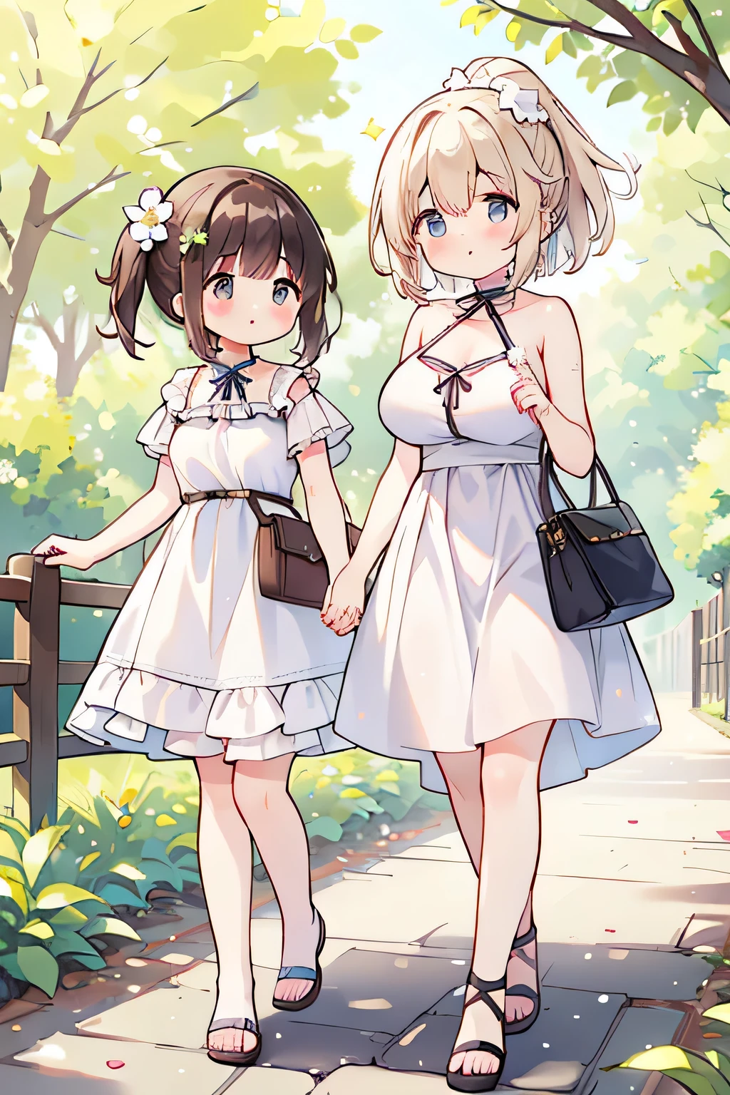 Top Quality、high resolution、(high image quality:1.3)、masterpiece、detailed background、(very detailed face:1.3)、(detailed eyes:1.3)、age beauty、(huge breasts:1.3)、(Normal number of fingers:1.3)、anatomically correct、perfect body line、Bright-colored hair、ponytail、Braided bob cut、 Early summer afternoon 、In strong sunlight 、

(Two girls who were walking along the park path take a break in the shade under a big tree:1.5)、

My sweaty skin is wrapped in cool air、the wind blows softly Gently hair up to the shoulders Shaking、with the scent of leaves and a slight smell of earth drifts、fluffy dress with a small flower pattern on a white background、The hem of the skirt swings in the wind、Simple strappy sandals、put a small basket bag on the knee、with your fingertips、sunlight filtering down gently on your cheeks and arms、A gentle expression that makes you feel the beginning of summer comes to their eyes looking somewhere far away、I slowly stand up and walk lightly when I'm a little sweaty、the hem of the dress swings in the breeze、A refreshing scene that makes you feel the arrival of summer、cute