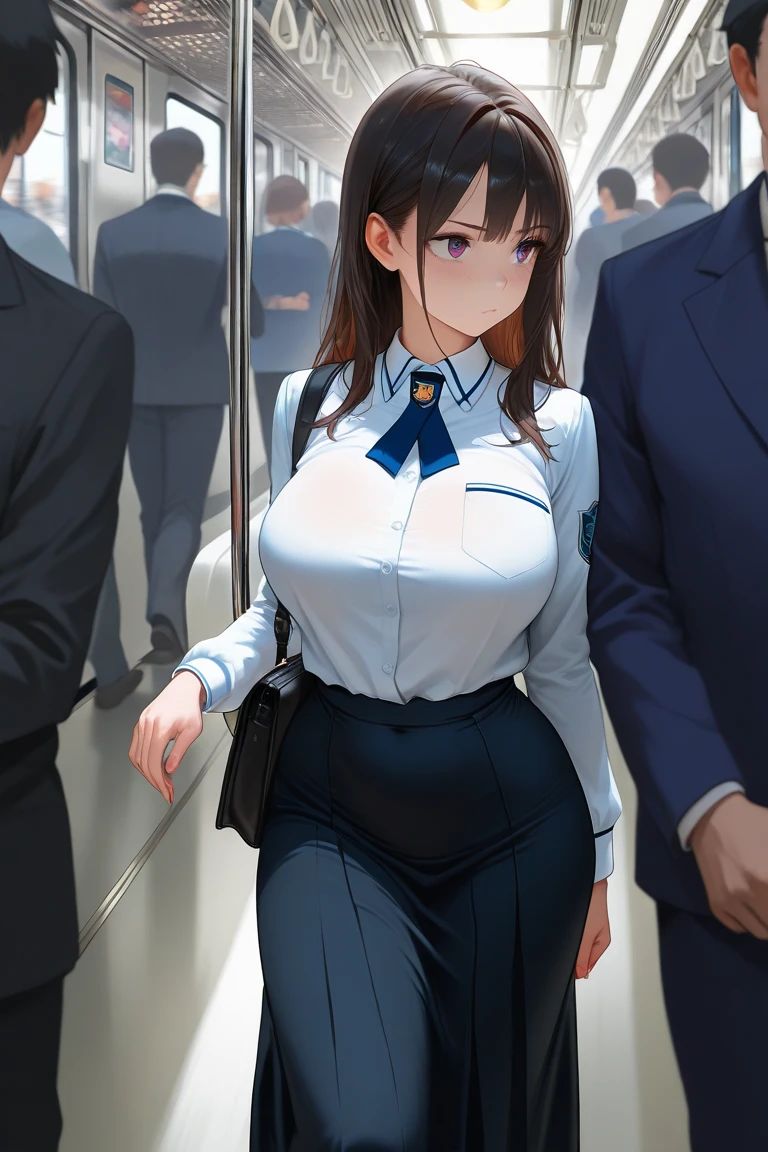 high resolution、high quality、Beautiful woman with her bra straps visible through her shirt、Big 、Beautiful woman holding a strap on a train、Bobcut、Very embarrassed、Beige silver hair、Sweaty、adult、indoor、Student Uniform、high school girl、Thighs、skirt、White Shirt、Bursting breasts、pants、Waistline