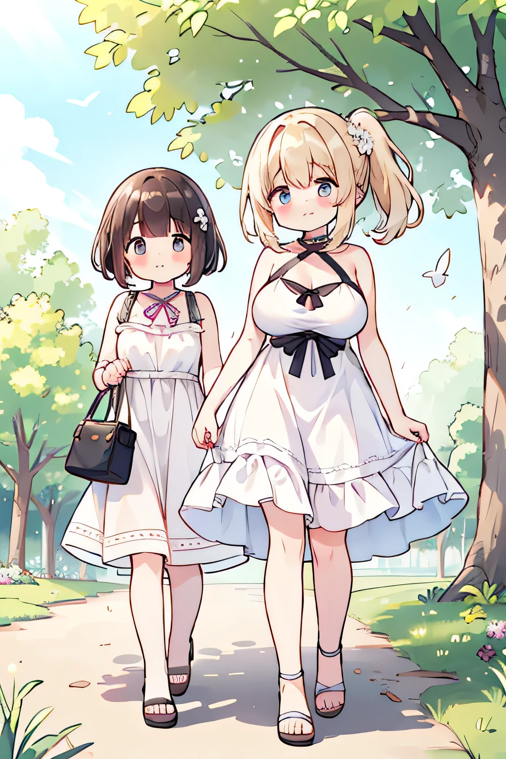 Top Quality、high resolution、(high image quality:1.3)、masterpiece、detailed background、(very detailed face:1.3)、(detailed eyes:1.3)、age beauty、(huge breasts:1.3)、(Normal number of fingers:1.3)、anatomically correct、perfect body line、Bright-colored hair、ponytail、Braided bob cut、 Early summer afternoon 、In strong sunlight 、
(Two girls who were walking along the park path take a break in the shade under a big tree:1.5)、
My sweaty skin is wrapped in cool air、the wind blows softly Gently hair up to the shoulders Shaking、with the scent of leaves and a slight smell of earth drifts、fluffy dress with a small flower pattern on a white background、The hem of the skirt swings in the wind、Simple strappy sandals、put a small basket bag on the knee、with your fingertips、sunlight filtering down gently on your cheeks and arms、A gentle expression that makes you feel the beginning of summer comes to their eyes looking somewhere far away、I slowly stand up and walk lightly when I'm a little sweaty、the hem of the dress swings in the breeze、A refreshing scene that makes you feel the arrival of summer、cute