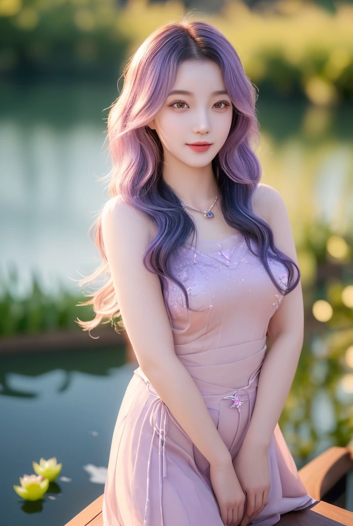 best quality, tmasterpiece,Ultra-high resolution,Clear face,(Reality:1.4),ferpect lighting,(upper body shot:1.5), (photorealistic:1.50), anime wallpaper, Guviz style artwork, cover-up fantasy up to magic , by Yang J, Guviz, beautiful artwork illustration, beautiful digital artwork, beautiful digital illustration, Li Song, beautiful anime portrait, art style in Beauvot,1girl,oddete ml, blue_eyes,(purple hair:1.5), hair ornament,blush,dress,field,from_side,hair_decoration,lens_flare,looking_at the viewer,closed_mouth,outdoors,short_dress,long_hair,shoulder_skirt,hold_skirt,sleeveless,sleeveless_dress , 独奏, standing, rope_slit, evening dress, black_dress,