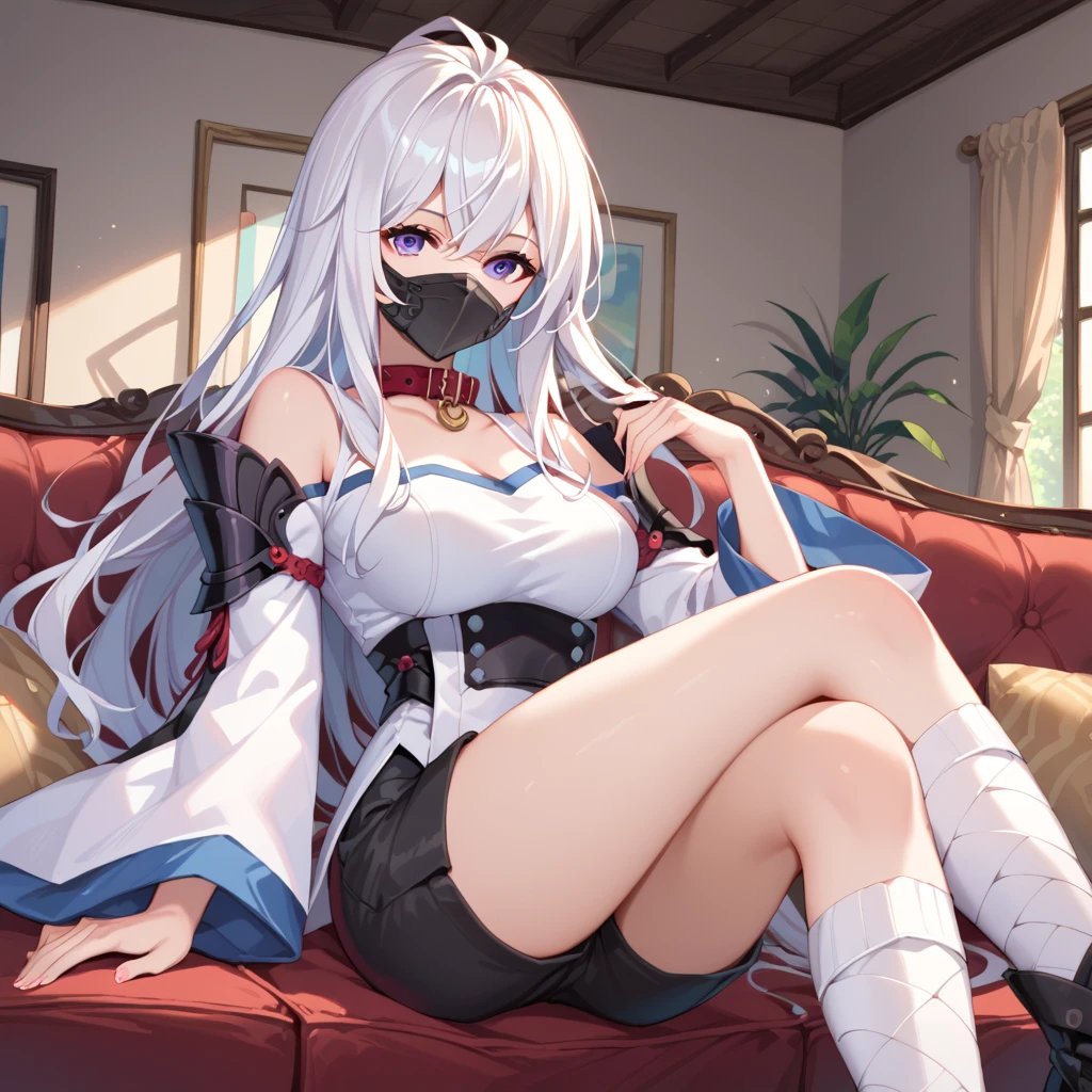 white hair,blue eyes,(Long hair single ponytail),((black)),(bar drinks),sit on the chair,highest quality,8k,B cup,hairpin,Sailor suit,short skirt,(slight blush on cheeks),smirk,spread legs