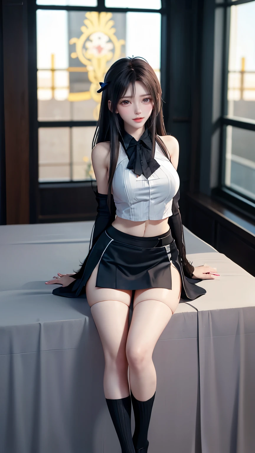 top-quality、masterpiece、1 girl in、beautiful countenance、(photo photo:1.3)、edgelighting、(high detailed skin:1.2)、8K Ultra HD、dslr camera、hightquality、hight resolution、4K、8K、bokeh dof、Ridiculous、best ratio four finger and one thumb、(realisitic:1.3)、pretty 1girl、white suspenders、white panty、middlebreast、Wearing a short skirt、