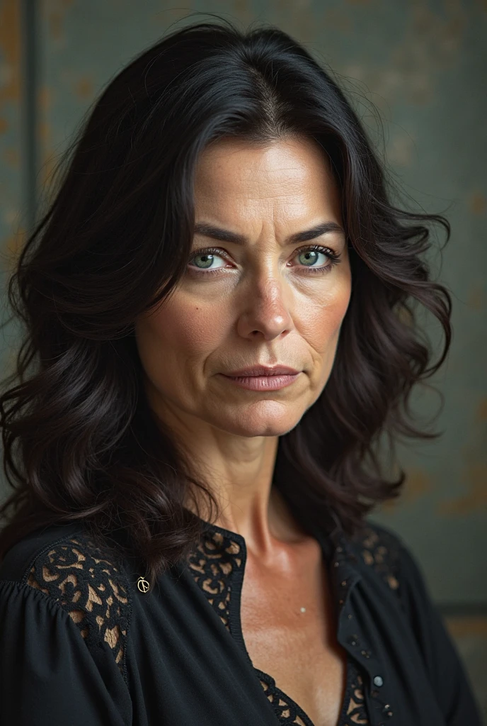 Dominatrix over 40 years old,60 year old woman, thin wrinkles, pose for selfie not Instagram, heavy makeup with long black hair and black eyes looking at the camera, detailed photo, realistic lighting, top quality real skin: 1.4, Enhanced cinematic lighting: 0.9,hyperrealisti: 1.4, (soft lighting: 1.05) moving figure, sexy dominant pose, domination, mistress, BDSM
