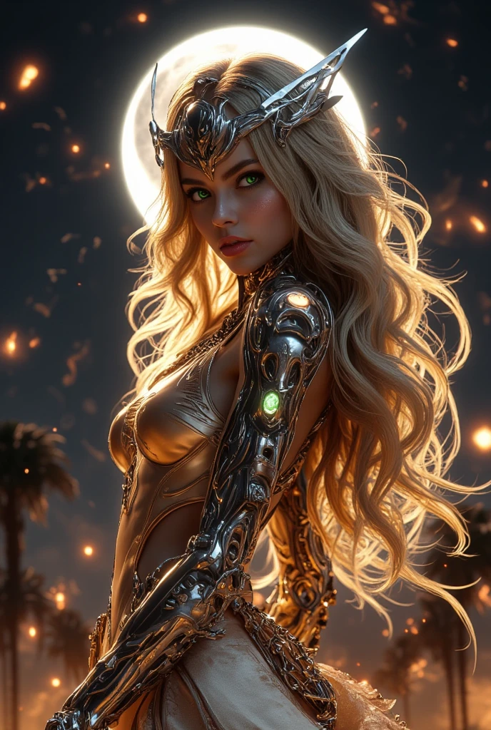 BOMBSHELL BLONDE VALKYRIE FLYING OUTERSPACE, , PALE SKIN, YELLOW EYES, HIGH CHEEKBONES, ROSY CHEEKS, MENTAL FORAMEN, HUGE LONG HAIR, DOUBLE BRAIDED HAIR, GOLD THONG LEOTARD ARMOUR, LONG SLEEVES, GOLD UNDER BODYSUIT, GOLD NECK BODYSUIT, LONG GOLD GAUNTLETS, ATHLETIC CURVY BODY, DETAILED QUADRICEPS, MUSCLES, BACK BODY VIEW, GOLD SHOES, FULL BODY PERSPECTIVE, SPRITE LIGHTINGS, OUTERSPACE, RAYS OS LIGHT, SUN, BACK LIGHTS, NIGHT SKY, ACCURATE IMAGE, MASTERPIECE.