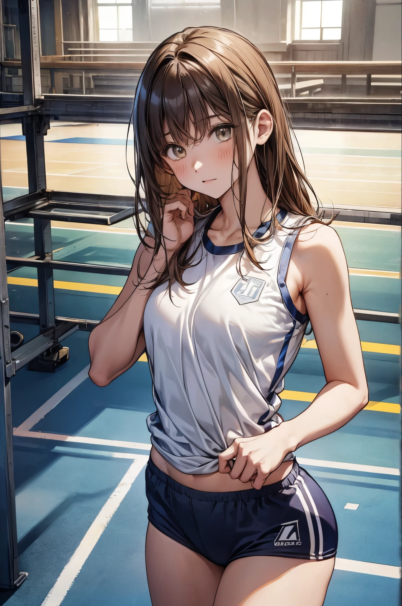 girl、 Athletics Club 、sportswear、high school girl、 Gold, cowboy shot, big on the floor, shortcuts, Gold,