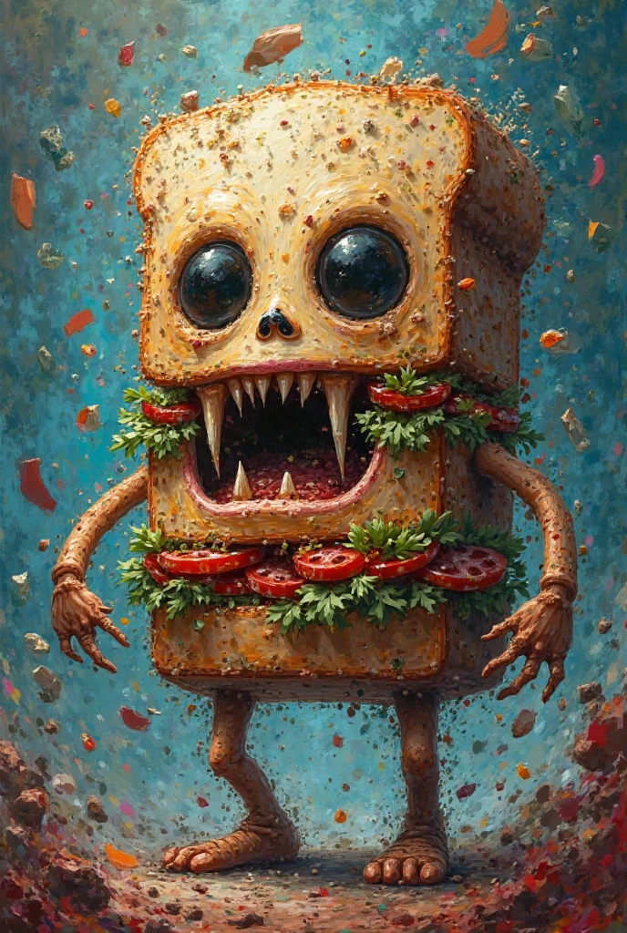 a broom monster, tiny , with a terrifying killer face, eating a hot dog.