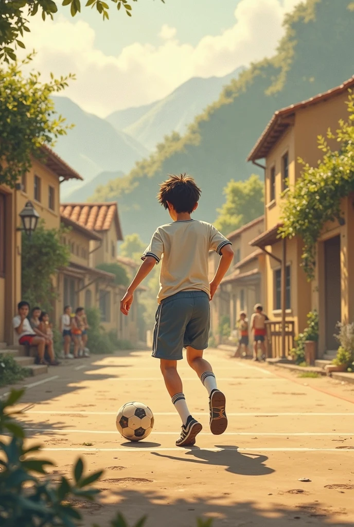 /imagine prompt: Realistic, warm golden light at sunset casting long shadows over a small, dusty soccer field in a remote mountain village. A 5-year-old boy with messy black hair, wearing an oversized t-shirt and old, worn-out shoes, runs excitedly toward a battered soccer ball. The rustic village houses with stone walls and tiled roofs surround the field, creating a serene and hopeful atmosphere as the boy begins to play. The scene captures the innocence and determination of youth: Unreal Engine, hyper-realistic —ar 16:9