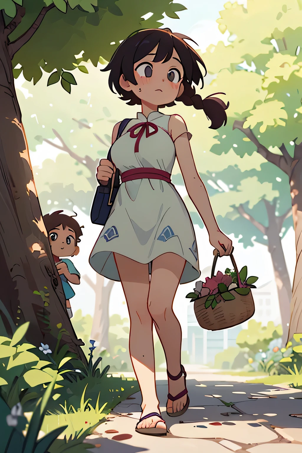 Top Quality、high resolution、(high image quality:1.3)、masterpiece、detailed background、(very detailed face:1.3)、(detailed eyes:1.3)、age beauty、(huge :1.3)、(Normal number of fingers:1.3)、anatomically correct、perfect body line、Bright-colored hair、ponytail、Braided bob cut、 Early summer afternoon 、In strong sunlight 、

(Two girls who were walking along the park path take a break in the shade under a big tree:1.5)、

My sweaty skin is wrapped in cool air、the wind blows softly Gently hair up to the shoulders Shaking、with the scent of leaves and a slight smell of earth drifts、fluffy dress with a small flower pattern on a white background、The hem of the skirt swings in the wind、Simple strappy sandals、put a small basket bag on the knee、with your fingertips、sunlight filtering down gently on your cheeks and arms、A gentle expression that makes you feel the beginning of summer comes to their eyes looking somewhere far away、I slowly stand up and walk lightly when I'm a little sweaty、the hem of the dress swings in the breeze、A refreshing scene that makes you feel the arrival of summer、cute